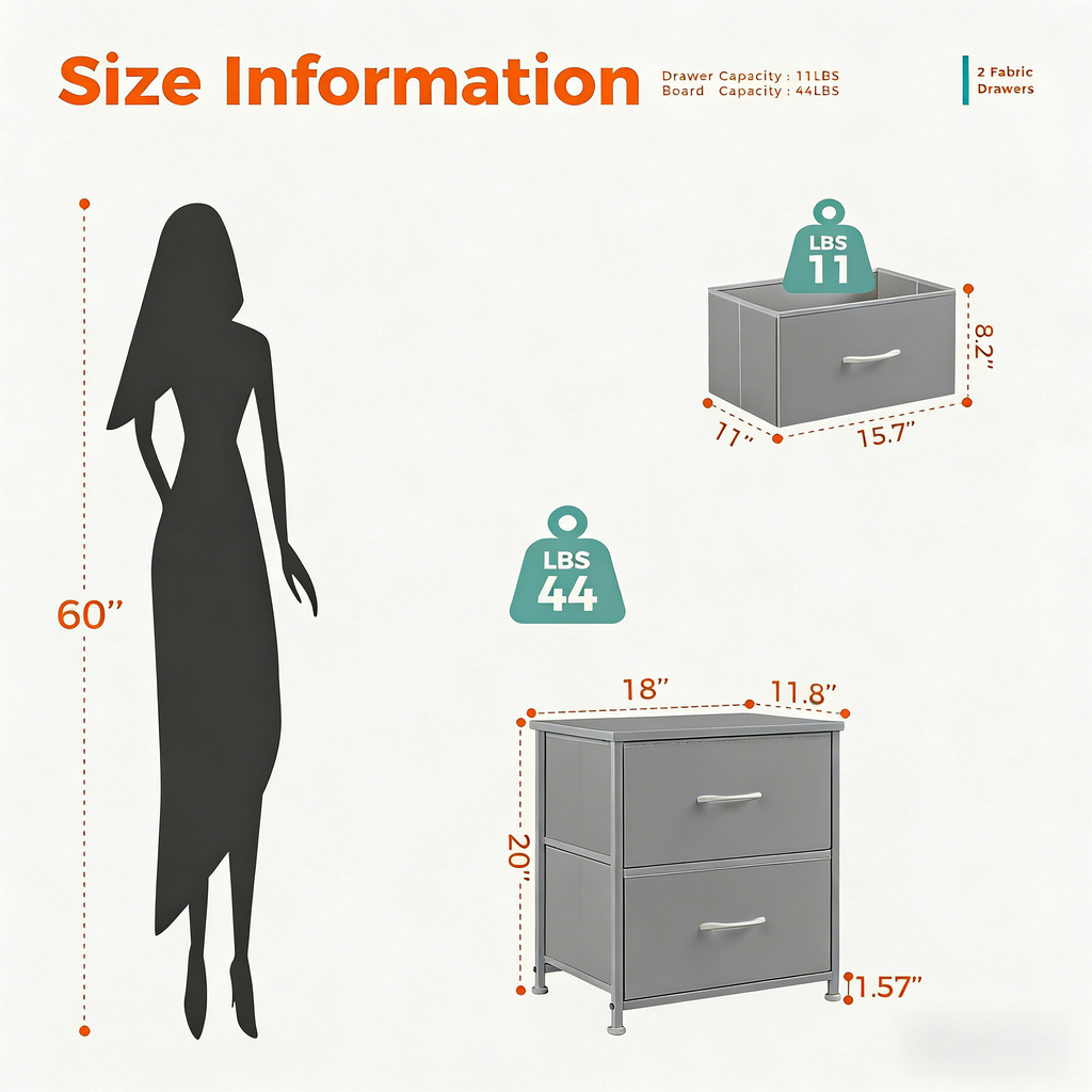 Nightstand Small Dresser with 2 Fabric Drawers Side Tables Bedroom End Table Kids Bedside Storage Furniture for 20 inch Tall Night Stand for Closet