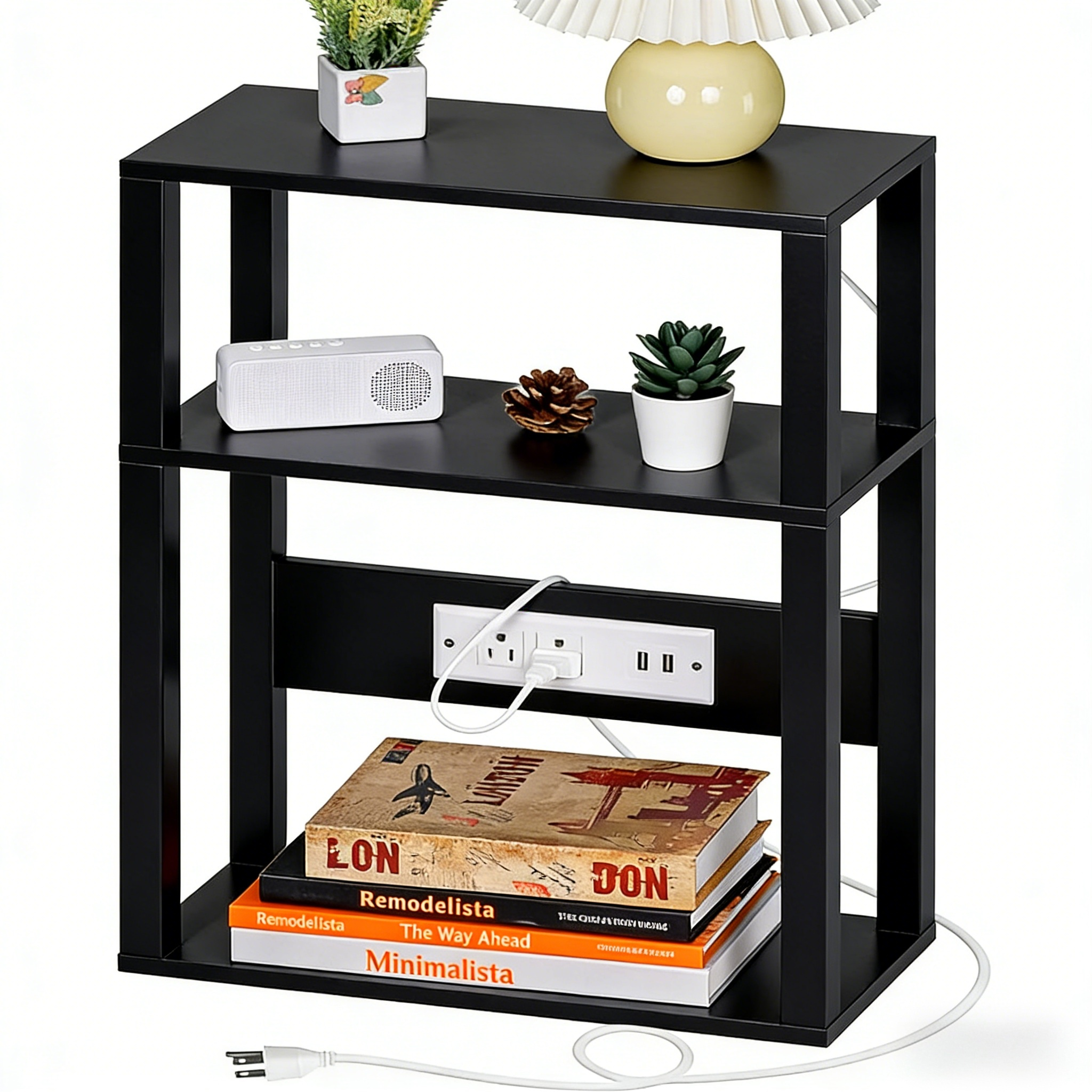 3-Tier Small Narrow Wood Side Table with Charging Station, Skinny Nightstand for Small Space