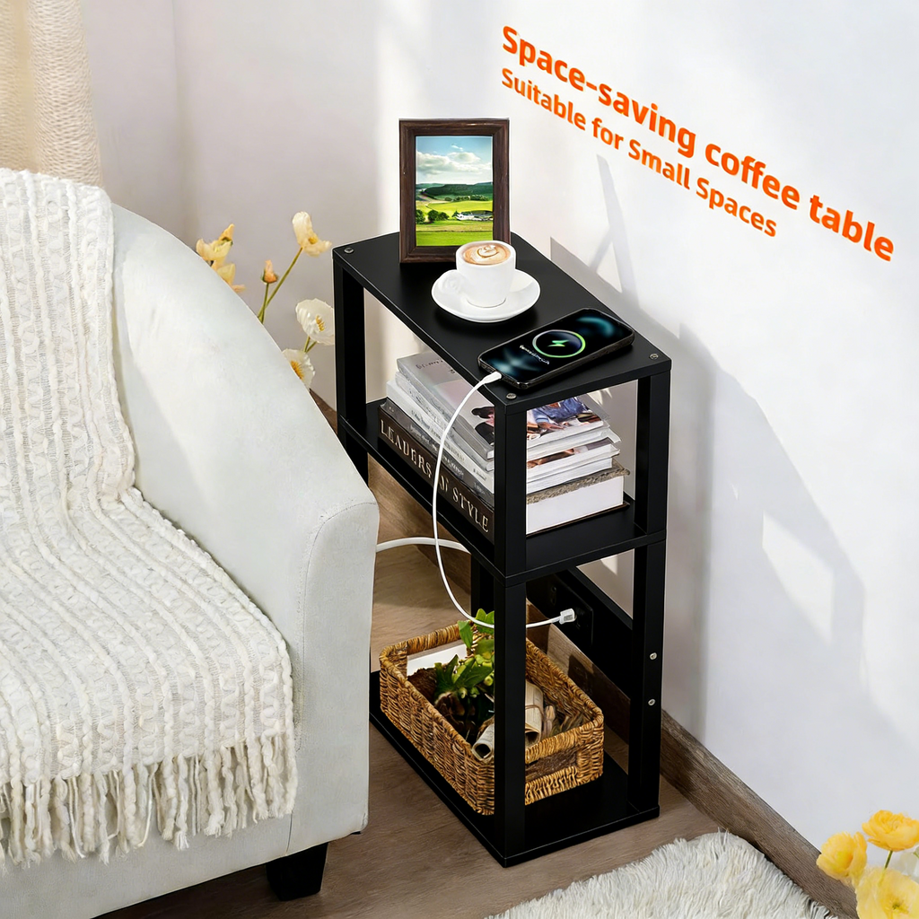 3-Tier Small Narrow Wood Side Table with Charging Station, Skinny Nightstand for Small Space