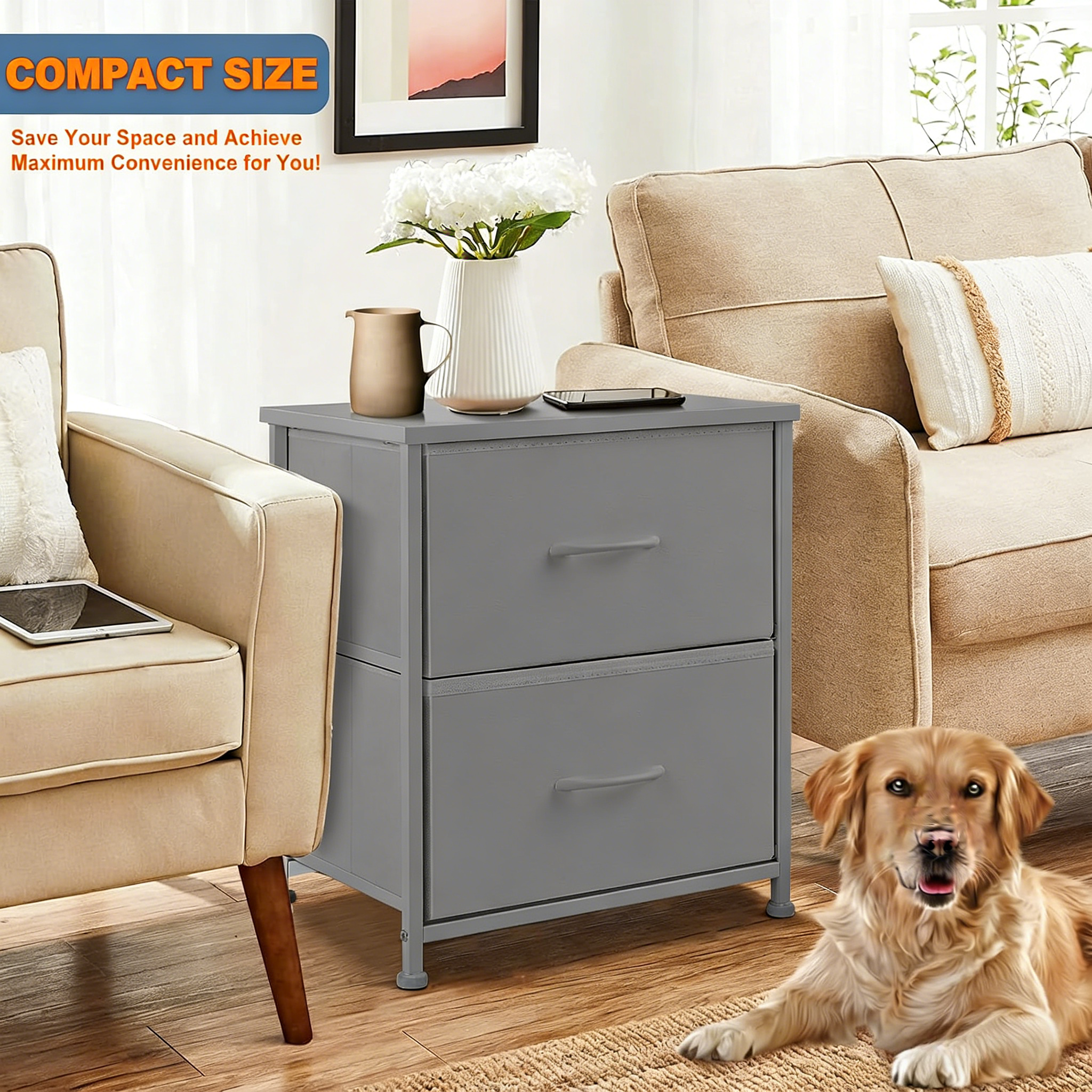 Nightstand Small Dresser with 2 Fabric Drawers Side Tables Bedroom End Table Kids Bedside Storage Furniture for 20 inch Tall Night Stand for Closet