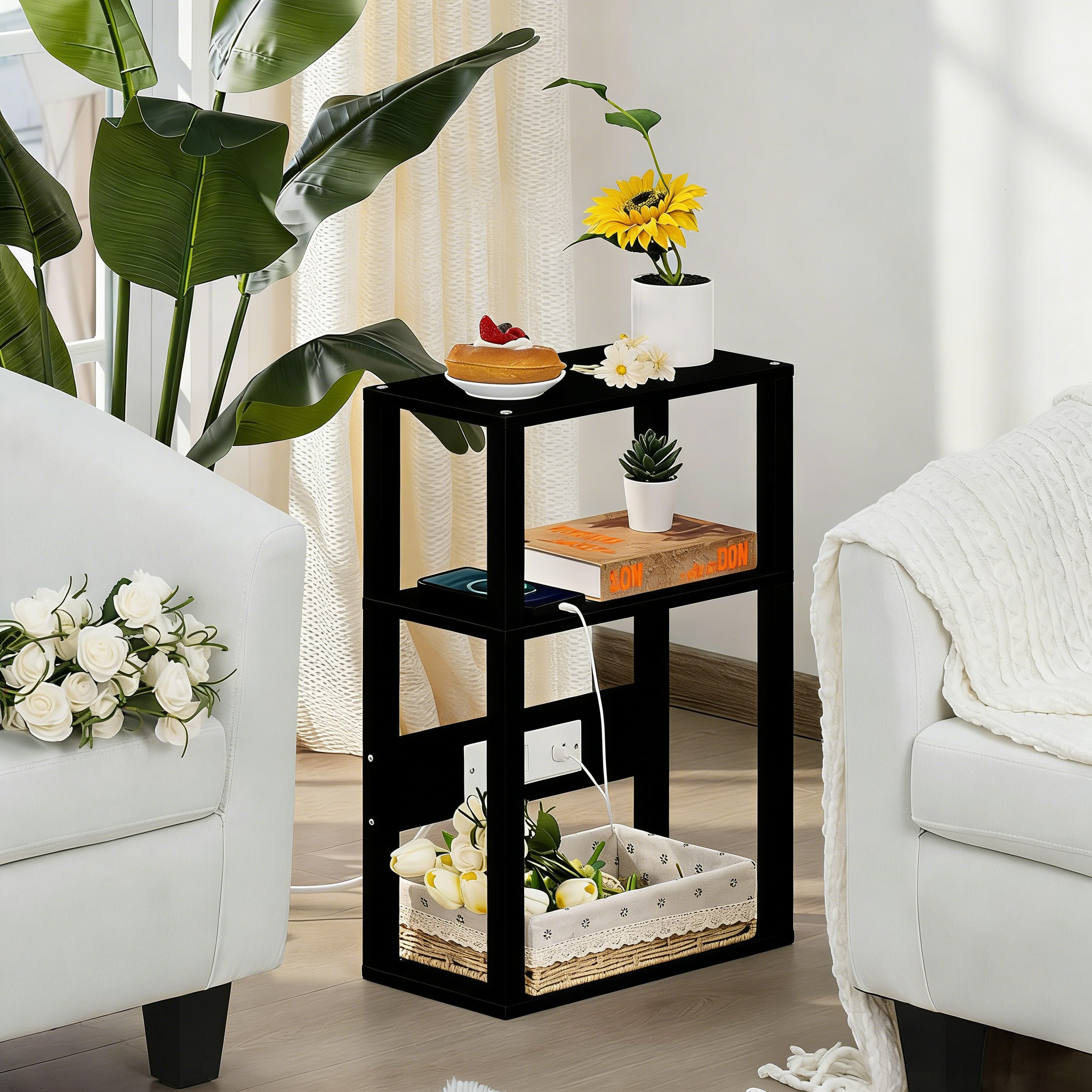 3-Tier Small Narrow Wood Side Table with Charging Station, Skinny Nightstand for Small Space