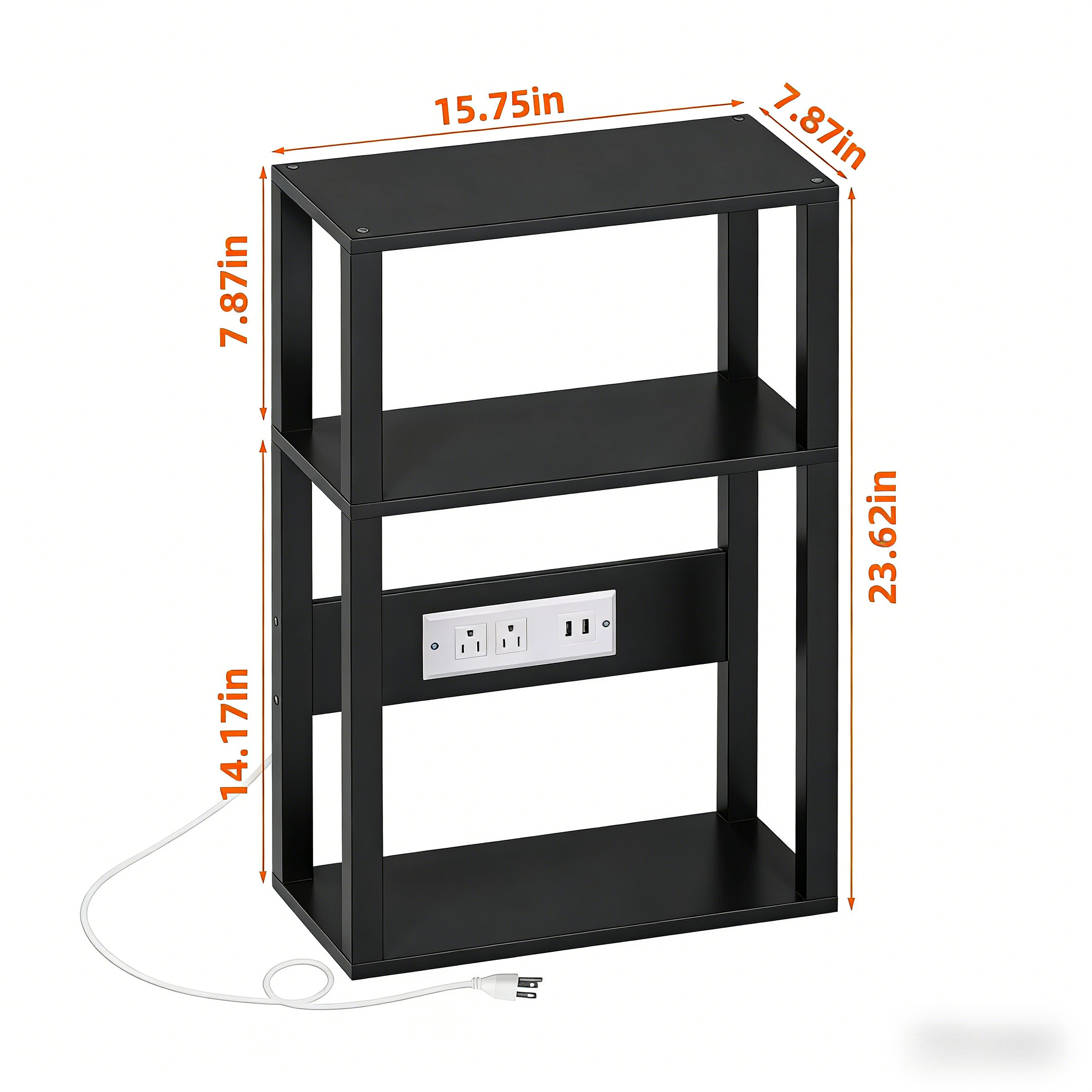 3-Tier Small Narrow Wood Side Table with Charging Station, Skinny Nightstand for Small Space