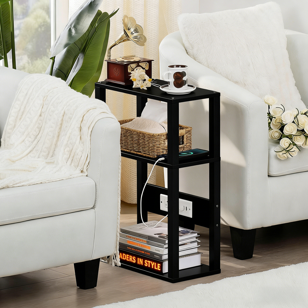 3-Tier Small Narrow Wood Side Table with Charging Station, Skinny Nightstand for Small Space